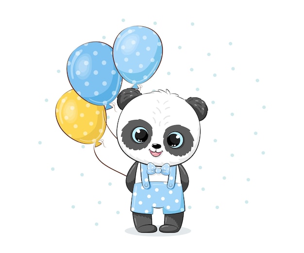 Lindo panda con globos. ilustración vectorial de dibujos animados.