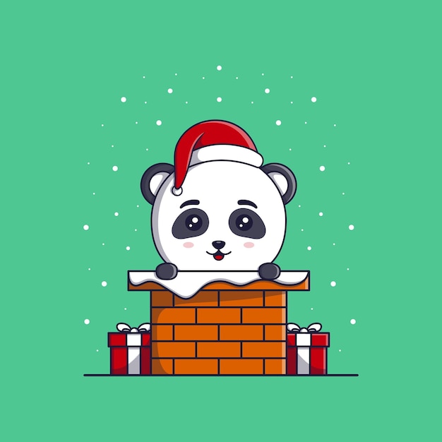 Lindo panda con gorro de navidad y bufanda fuera de la chimenea