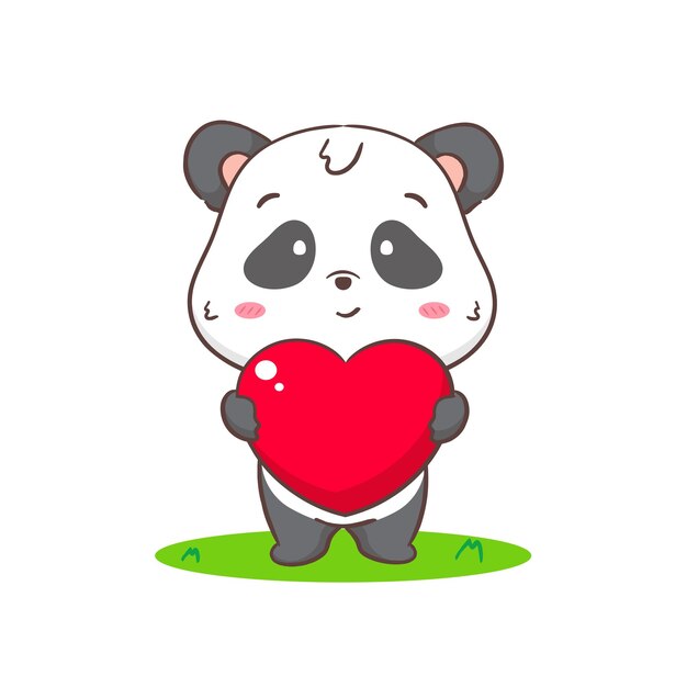 Lindo panda con gran corazón de amor adorable diseño de concepto animal kawaii personaje de dibujos animados planos