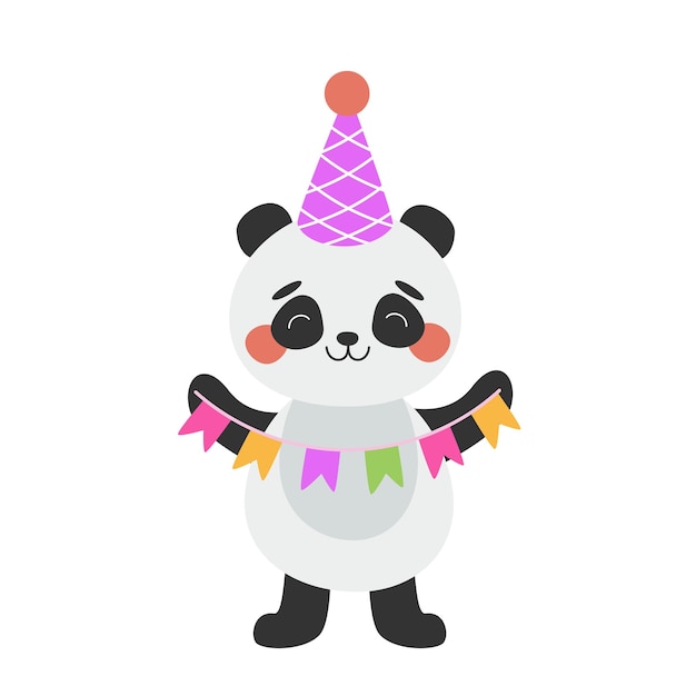 Lindo panda con guirnalda de carnaval con banderas con sombrero de fiesta saludos de cumpleaños Ilustración vectorial