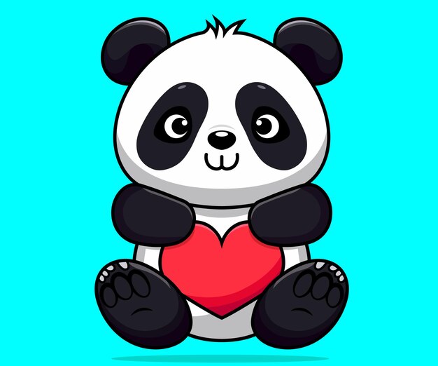 Lindo panda con ilustración de dibujos animados de corazón de amor