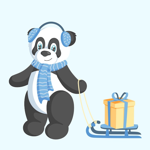 Un lindo panda de invierno con auriculares azules y una bufanda tira de un trineo con una caja de regalo. Estilo dibujado a mano. Ilustración vectorial.