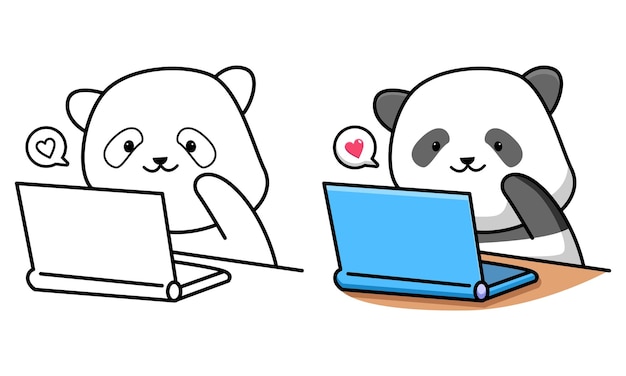Lindo panda con laptop página para colorear para niños