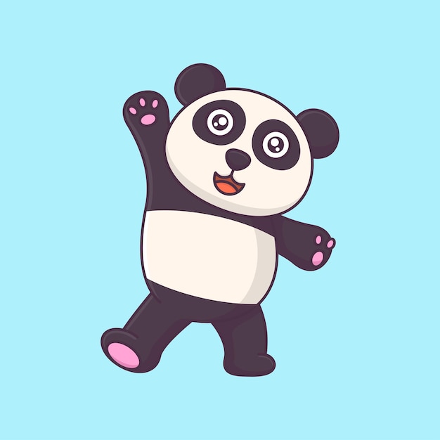 Lindo panda levanta la mano mirando icono de ilustración animal de dibujos animados vector feliz