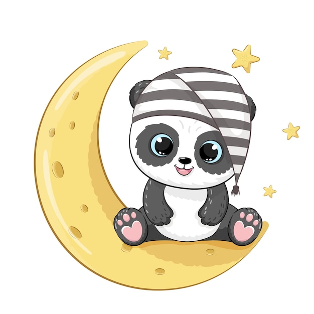 Vector lindo panda en la luna con un gorro de dormir. ilustración vectorial de una caricatura.