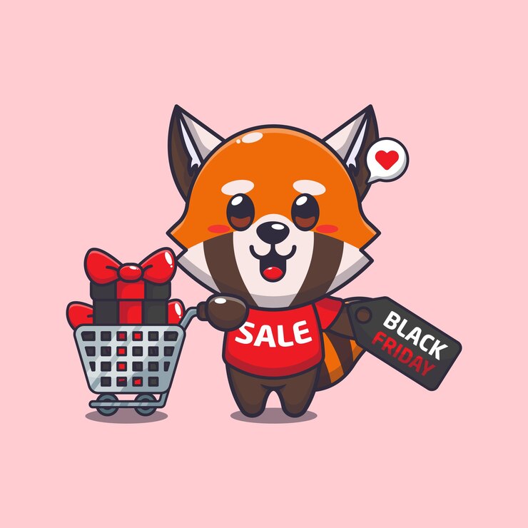 Vector lindo panda rojo con carrito de compras y cupón de descuento venta de viernes negro ilustración vectorial de dibujos animados