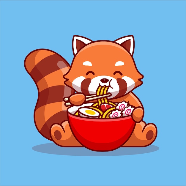 Lindo panda rojo comiendo ramen Noddle personaje de dibujos animados. Alimentos para animales aislados.