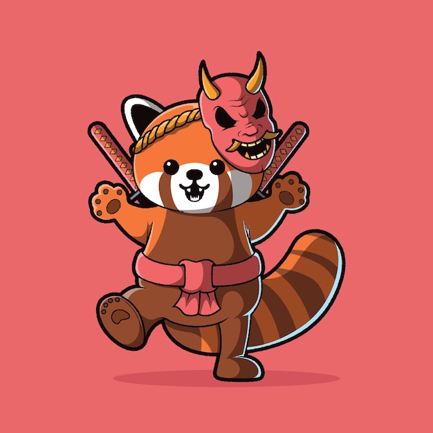 Vector lindo panda rojo como ilustración vectorial samurai concepto de diseño de mascota divertida animal