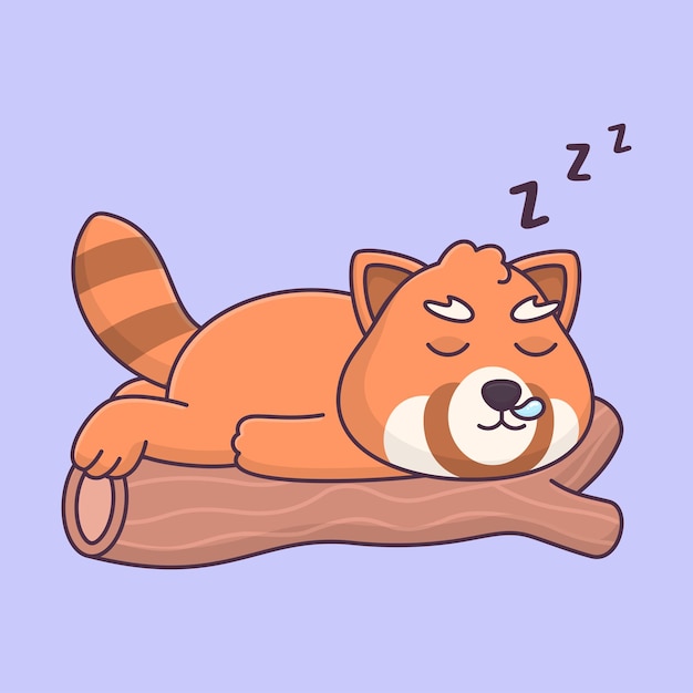 Lindo panda rojo durmiendo en un icono de ilustración de vector de dibujos animados de animales de rama de árbol aislado