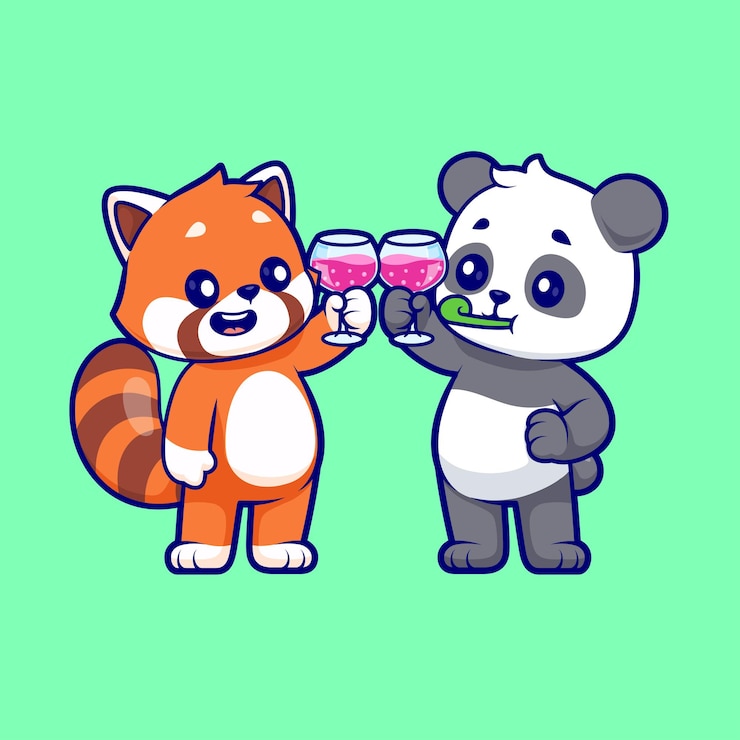 Vector lindo panda rojo y panda bebiendo jugo fiesta de dibujos animados icono vectorial ilustración de animales bebida plana