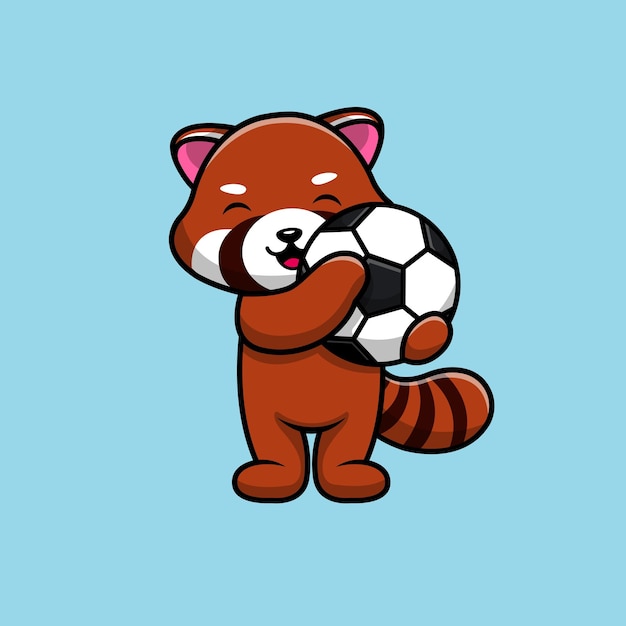 Lindo panda rojo sosteniendo balón de fútbol dibujos animados vector icono ilustración