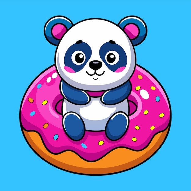 Vector lindo panda en la rosquilla dibujada a mano mascota personaje de dibujos animados pegatina icono concepto aislado