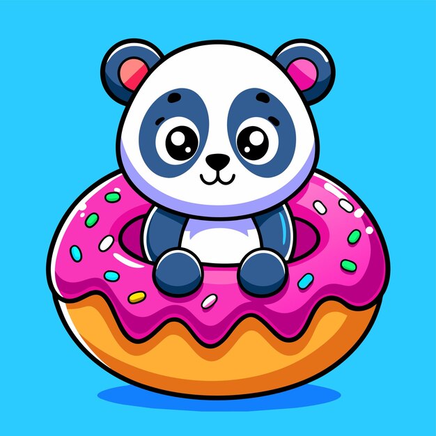 Vector lindo panda en la rosquilla dibujada a mano mascota personaje de dibujos animados pegatina icono concepto aislado