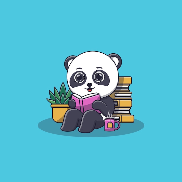 Vector lindo panda sentado mientras lee el libro