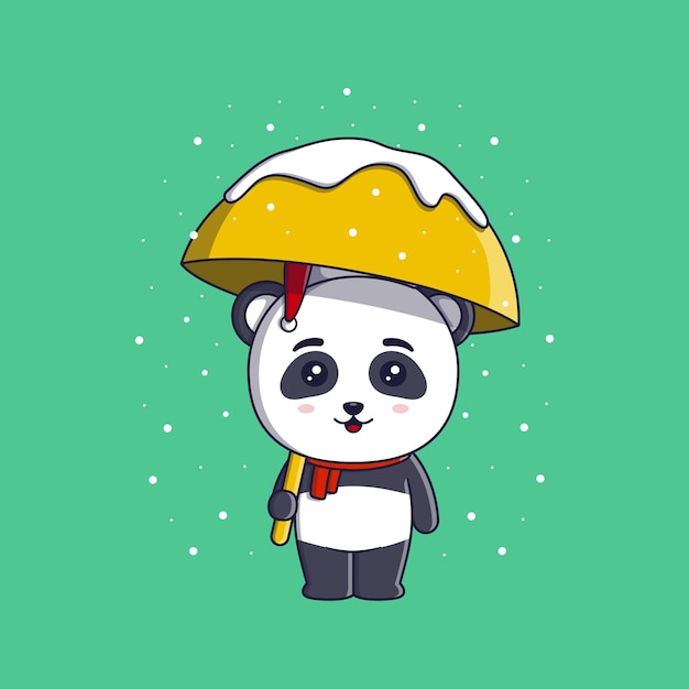 Lindo panda con sombrero de navidad y bufanda sosteniendo paraguas
