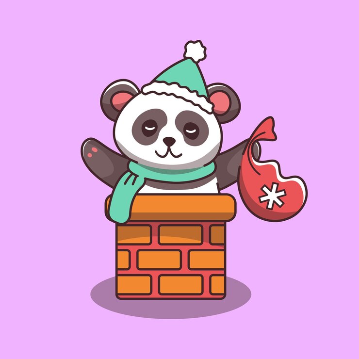 Vector lindo panda en un sombrero verde y bufanda con una bolsa de regalos sube a la chimenea personaje de vector de navidad de año nuevo