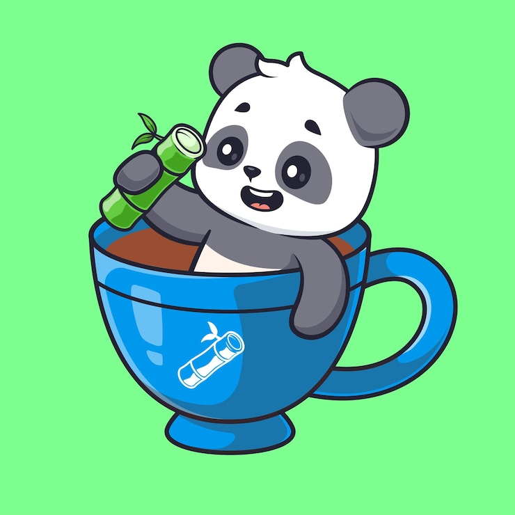 Vector el lindo panda sosteniendo el bambú en el café ilustración de icono vectorial de dibujos animados bebida de animales aislada plana