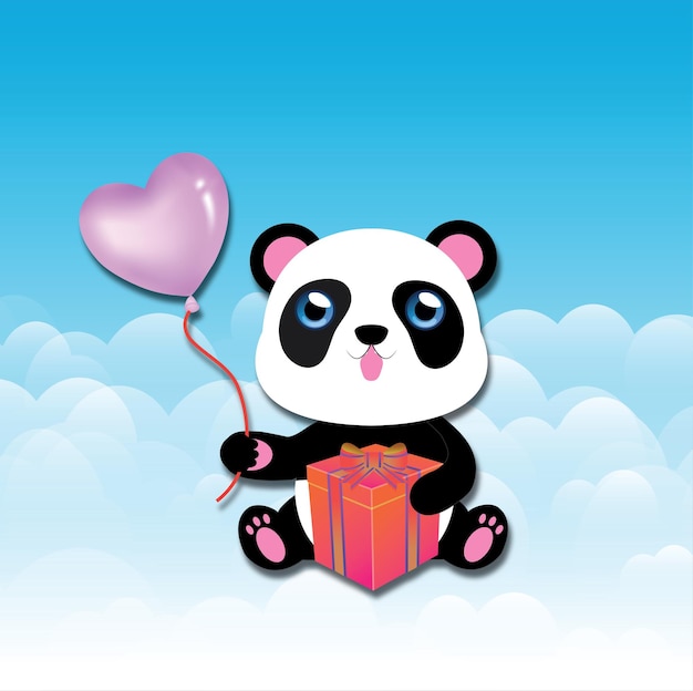 lindo panda sosteniendo un globo de corazón y un icono de vector de caja de regalo