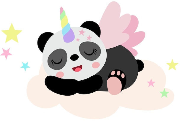 El lindo panda unicornio durmiendo en las nubes.