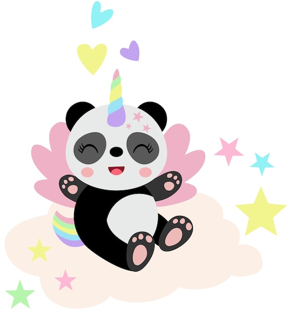 El lindo panda unicornio sentado en una nube.