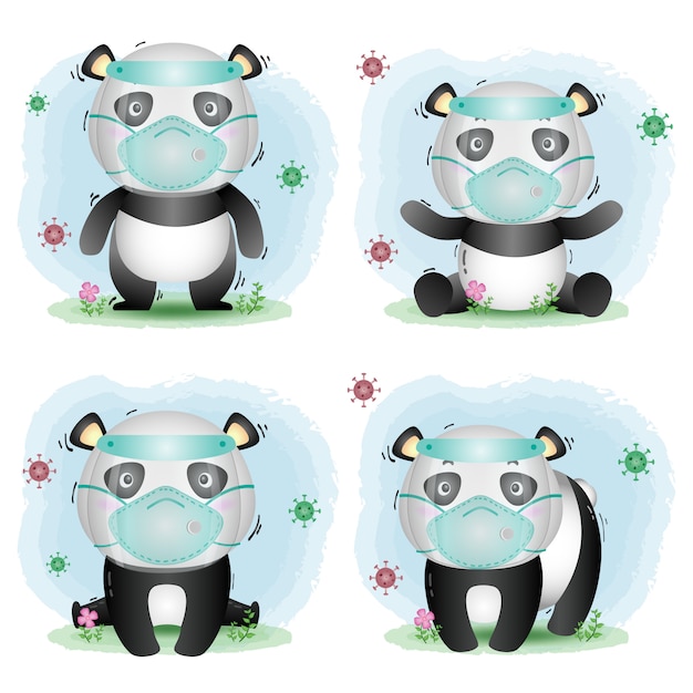 Lindo panda usando protector facial y colección de máscaras