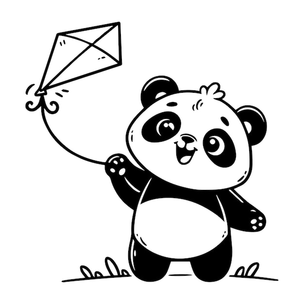 El lindo panda volando como una cometa.