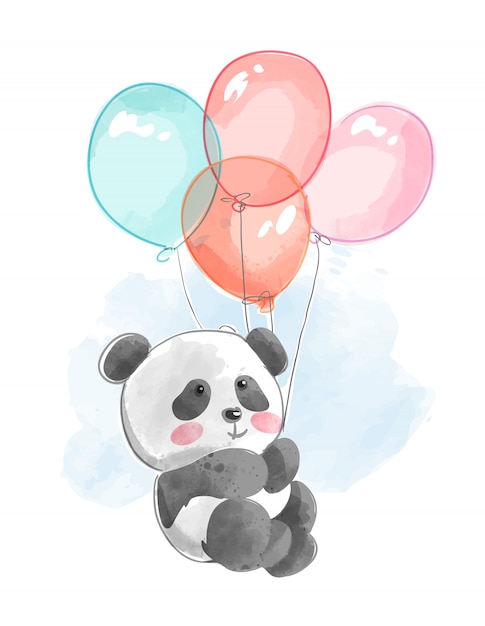 Lindo panda volando con globos