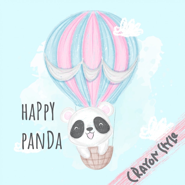 Lindo panda volando con ilustración de animales en globo para niños estilo crayón