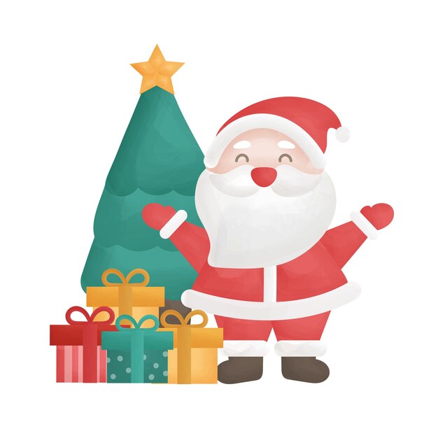 Lindo Papá Noel y árbol de Navidad en estilo de color de agua.