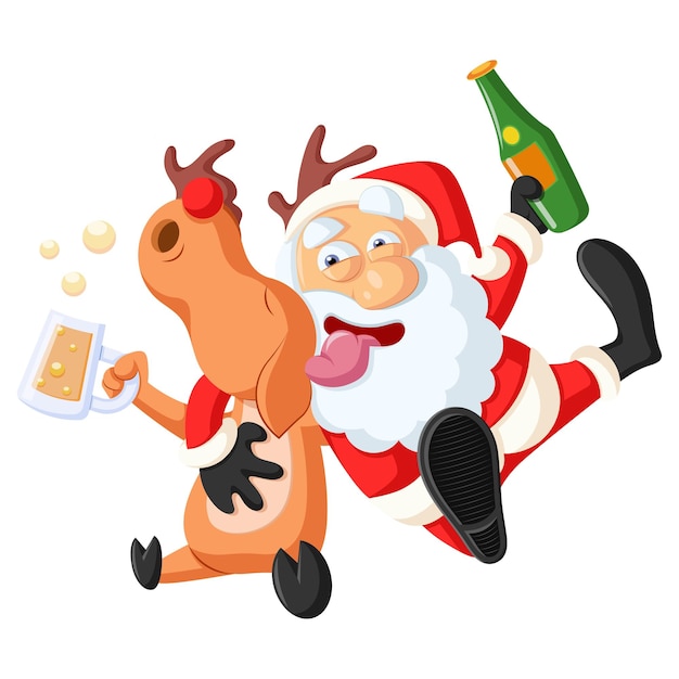 Vector lindo papá noel con botella de cerveza ciervo con ilustración de taza de cerveza