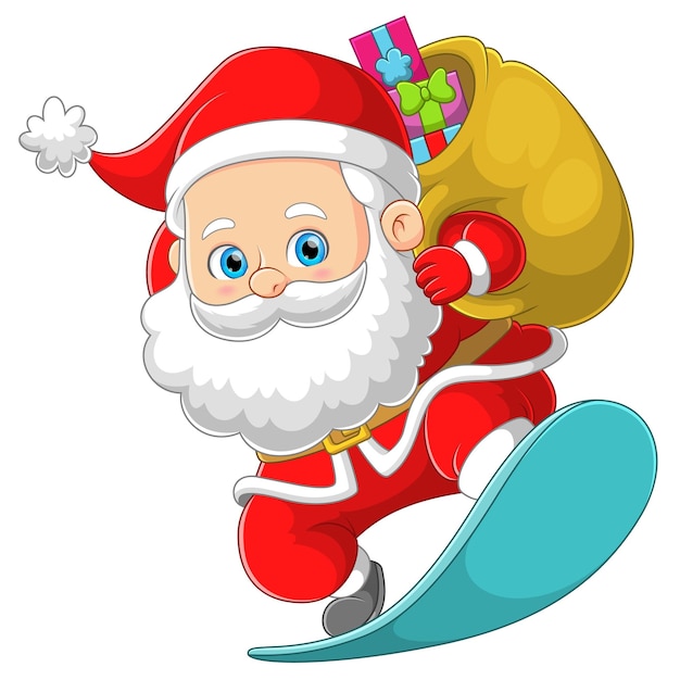 El lindo Papá Noel está enviando el regalo de Navidad con la tabla de patinaje sobre hielo.