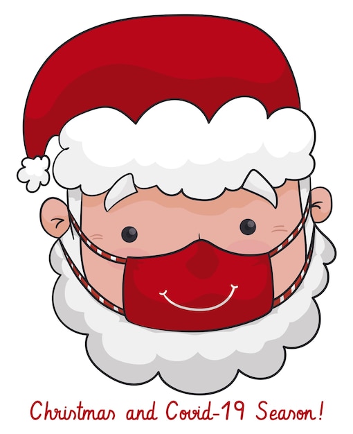 El lindo Papá Noel lleva una media máscara con un diseño de sonrisa que promueve la protección y el cuidado durante la Navidad