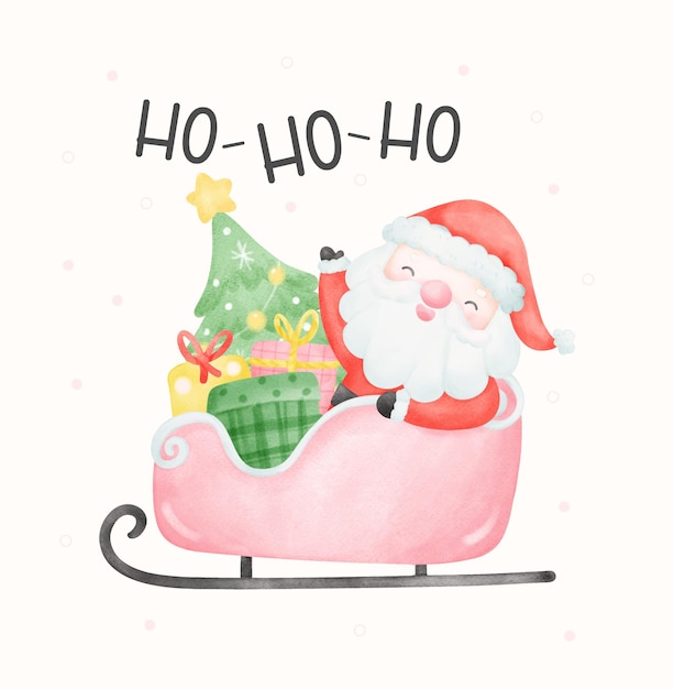 Lindo Papá Noel en trineo con arte de acuarela de pino