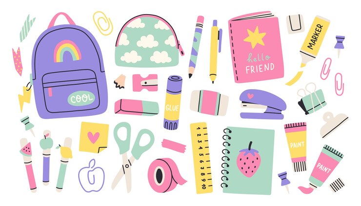 Vector lindo papelería escolar y suministros de arte conjunto de accesorios de dibujos animados kawaii para el equipo de estudio de los estudiantes