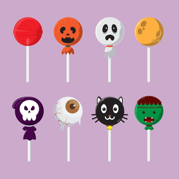 Vector lindo paquete de halloween de dulces de dibujos animados piruletas de halloween con varios personajes