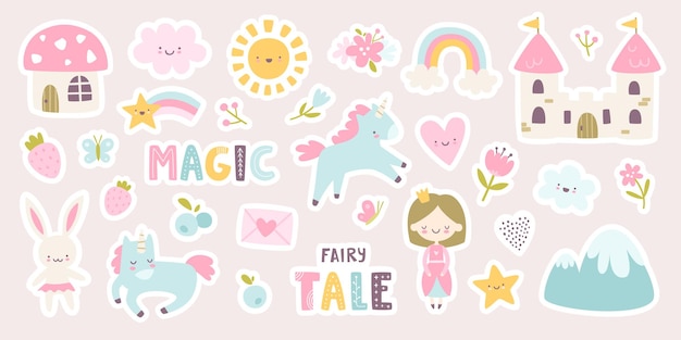 Vector lindo paquete de pegatinas de cuento de hadas para niñas colección rosa mágica con princesa y unicornio