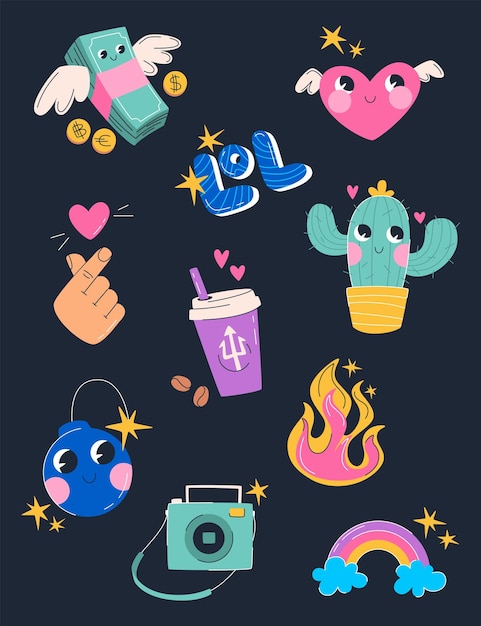 Vector lindo paquete de pegatinas con elementos hipster gran conjunto creativo que incluye cactus fuego dinero cámara instantánea corazón coreano conjunto de ilustración de estilo de dibujos animados hecho en vector