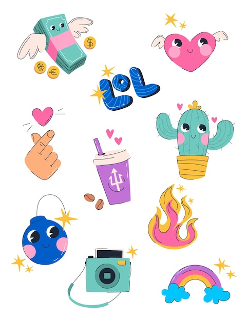 Lindo paquete de pegatinas con elementos hipster Gran conjunto creativo que incluye cactus fuego dinero cámara instantánea Corazón coreano Conjunto de ilustración de estilo de dibujos animados hecho en vector