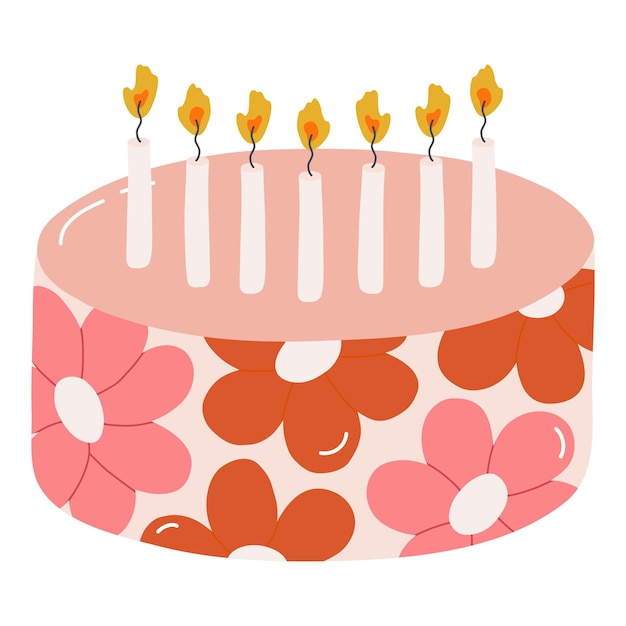 Lindo pastel de cumpleaños con velas encendidas Postre para celebración aniversario boda Ilustración vectorial estilizada de cupcake de vacaciones Clipart dibujado a mano de moda en el estilo escandinavo