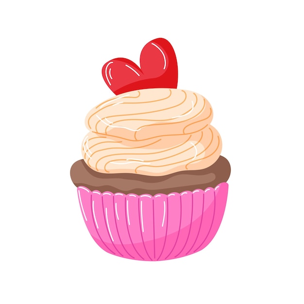 Lindo pastel con glaseado cremoso en un envoltorio rosado cubierto con un corazón rojo en estilo de dibujos animados ideal