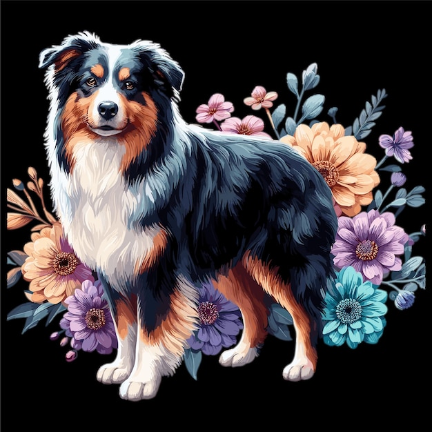 Vector lindo pastor australiano perro amplificador flores estilo vectorial fondo blanco