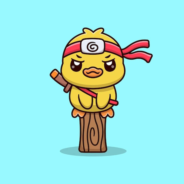 El lindo pato samurai de dibujos animados está sentado en un árbol de madera Icono vectorial Ilustración de vacaciones de animales