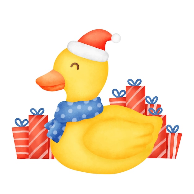 Un lindo pato para tarjeta de navidad en estilo acuarela.