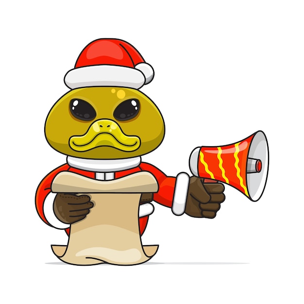 Vector lindo pato vistiendo un disfraz de navidad con megáfono y leer guión lindo dibujo animado