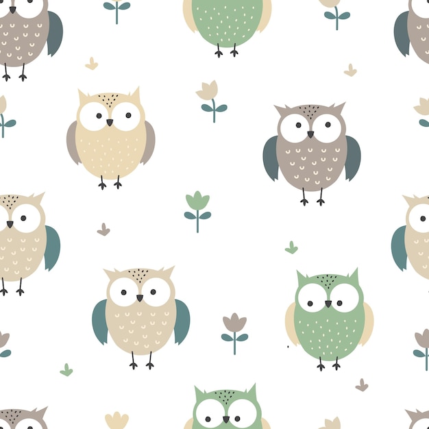 Lindo patrón de búho vectorial y flor sin costuras Fondo de animales de dibujos animados Ilustración vectorial
