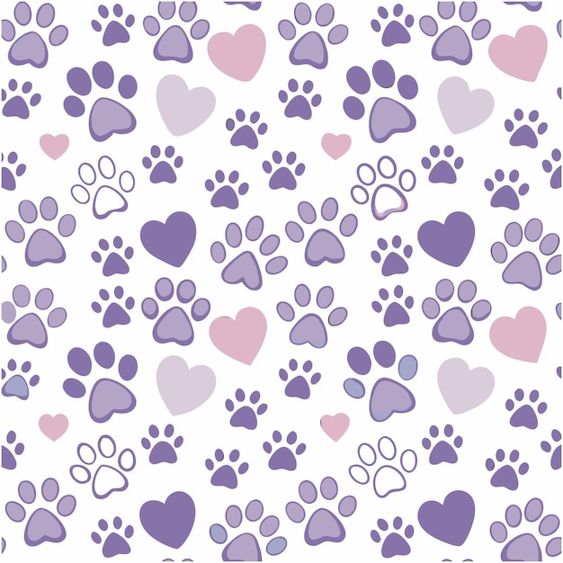Lindo patrón con corazones y huellas de patas en fondo blanco
