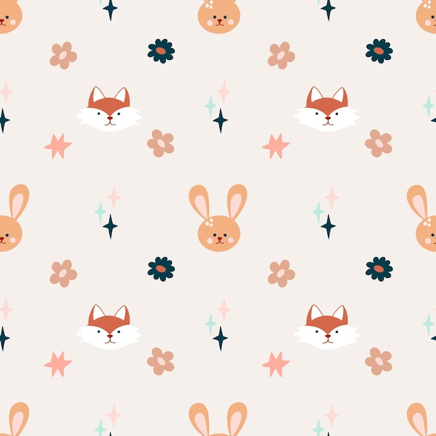 Lindo patrón sin costuras para bebés bohemios con un lindo conejo zorro en estilo bohemiano en cálidos colores pastel