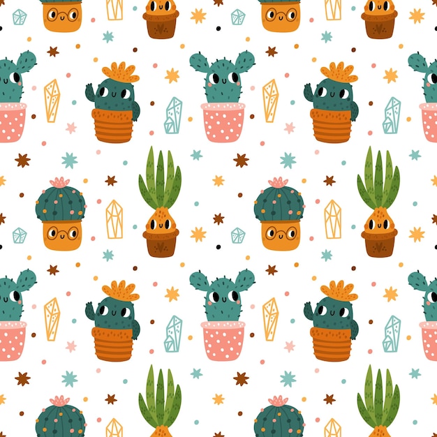 Lindo patrón sin costuras de cactus Impresión de dibujos animados con cactus kawaii en macetas Tema floral para niños Plantas de interior felices Suculentas y plantas bulbosas con bozales bonitos Fondo vectorial