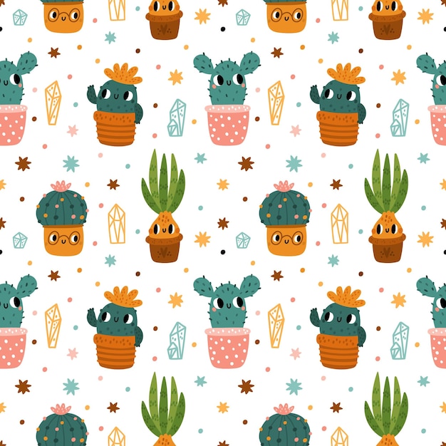 Vector lindo patrón sin costuras de cactus impresión de dibujos animados con cactus kawaii en macetas tema floral para niños plantas de interior felices suculentas y plantas bulbosas con bozales bonitos fondo vectorial