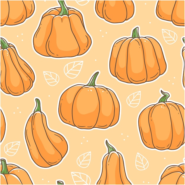 Lindo patrón sin costuras con calabazas y hojas sobre un fondo de ilustración de fondo naranja